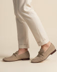 Silvorne men's taupe suede loafers with gold horsebit detail and almond toe. Casual or semi-formal.