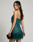 Women's Shimmering Sequin Mini Dress | Glamorous Feather Trim Party Dress 10