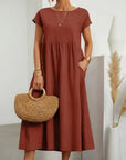 Silvorne Vestido largo de lino y algodón para mujer, color terracota, con mangas cortas y bolsillos, ideal para verano.