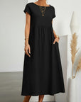 Silvorne Vestido largo negro de algodón y lino para mujer, manga corta, con bolsillos, ideal para verano.