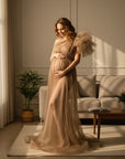 Silvorne Mujer vestido de maternidad de tul transparente, un hombro, color topo, para fotografía.