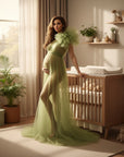 Silvorne Vestido de maternidad de tul transparente verde oliva de un solo hombro con volantes, falda larga y fluida para fotografía.