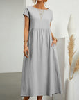 Silvorne Vestido maxi de lino y algodón gris para mujer, manga corta, cuello redondo, con bolsillos, ideal para verano.