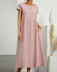 Silvorne Vestido maxi rosa de lino y algodón para mujer, manga corta, elegante, con bolsillos, ideal para verano.