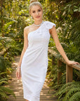 Silvorne Vestido blanco de poliéster, midi, ajustado, sin mangas, con volantes en un hombro, para mujer.