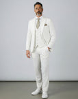 Silvorne men's white three-piece suit with single-breasted one-button jacket, waistcoat, and tailored trousers. Features peak lapels and a patterned pocket square.