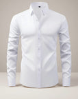 Silvorne men's white slim-fit long-sleeve dress shirt with textured sleeves and button-down closure.