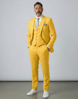 Silvorne men's yellow three-piece suit with single-breasted one-button jacket, waistcoat, and tailored trousers. Features peak lapels and a patterned pocket square.