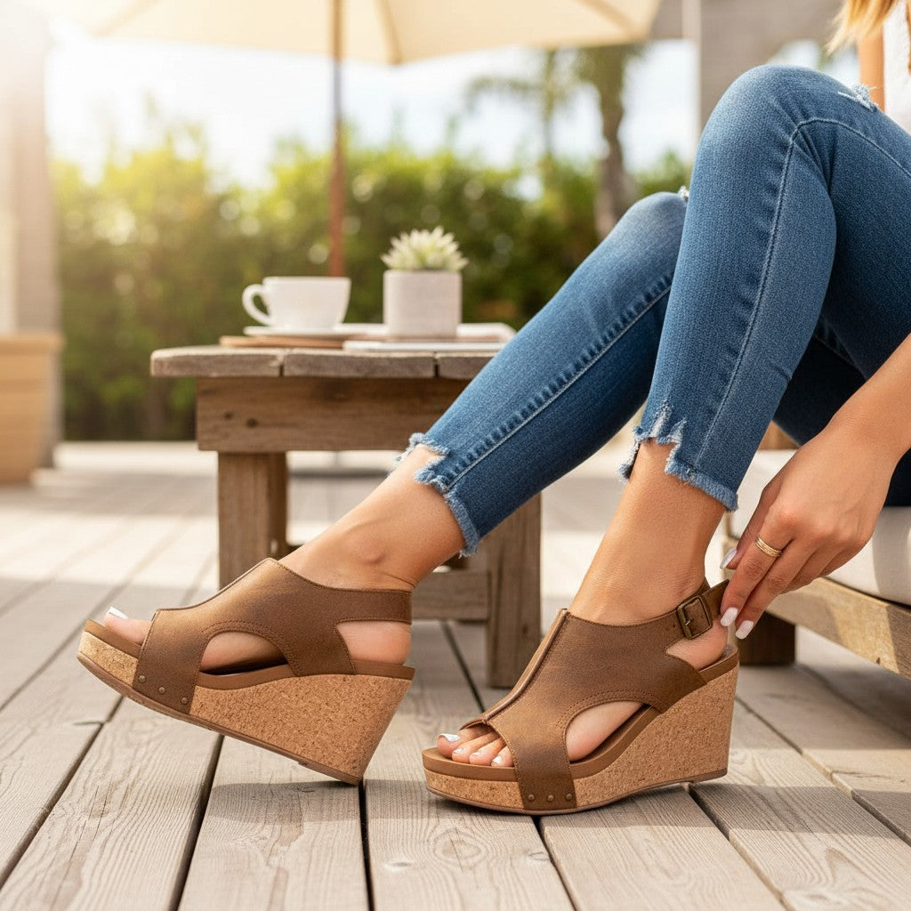 Women's Distressed Faux Leather Wedge Sandals | Comfortable Open-Toe Orthopedic Footwear 8