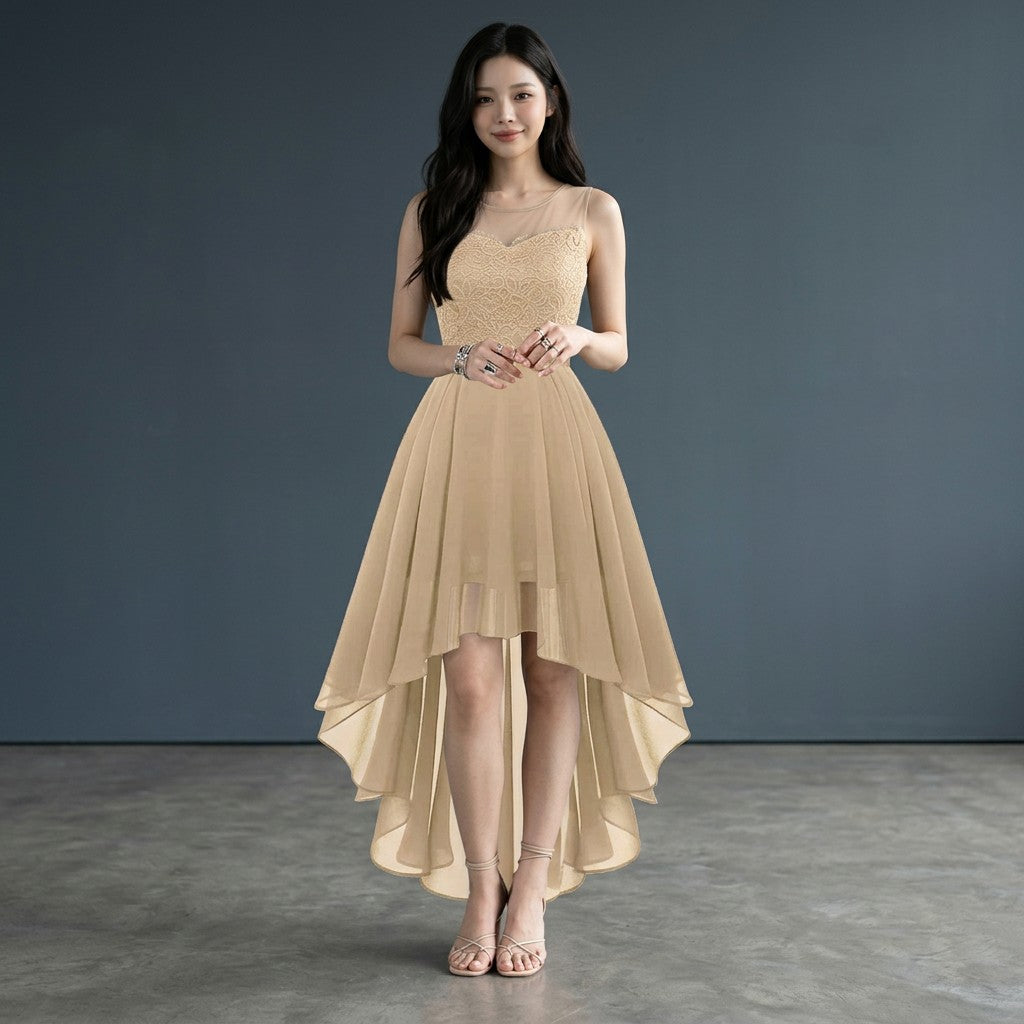 Women's Chiffon Lace High Low Cocktail Dress | Elegant Sleeveless Evening Gown 9