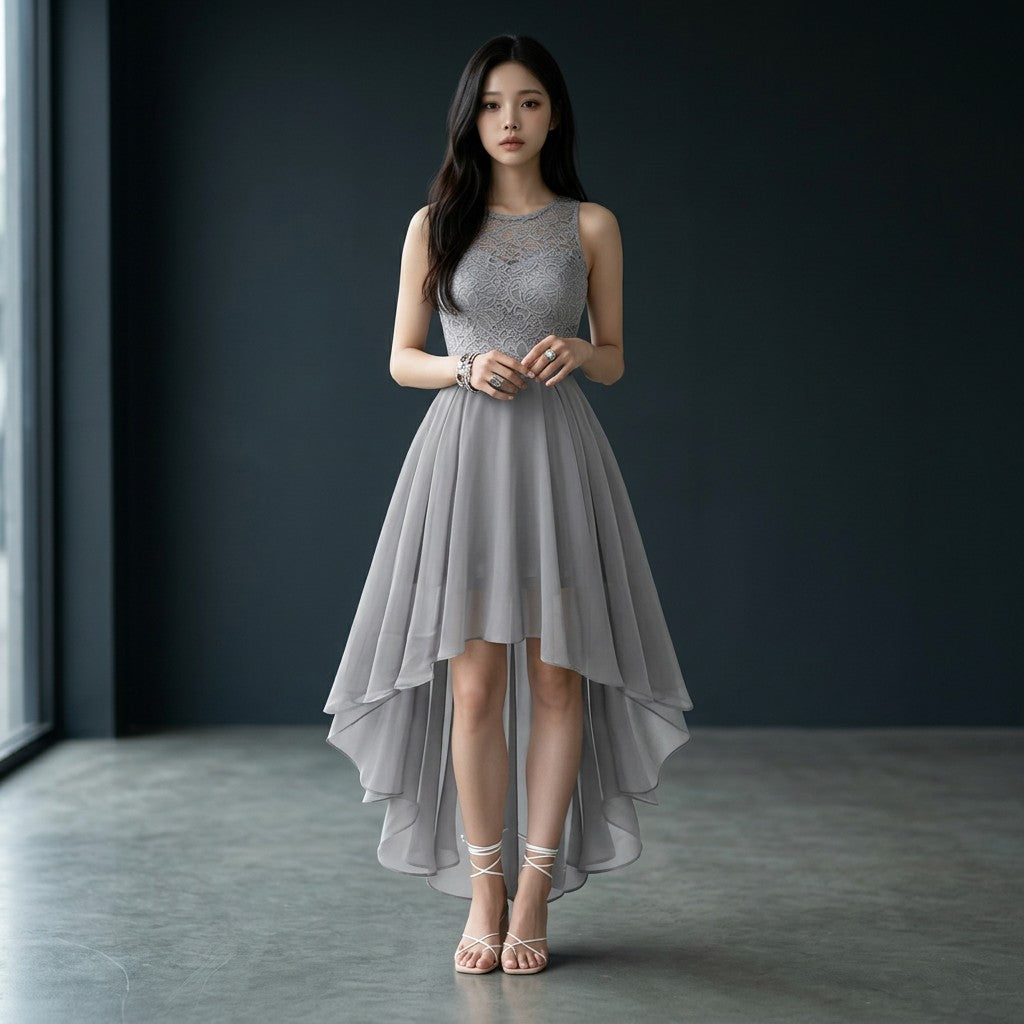 Women's Chiffon Lace High Low Cocktail Dress | Elegant Sleeveless Evening Gown 7