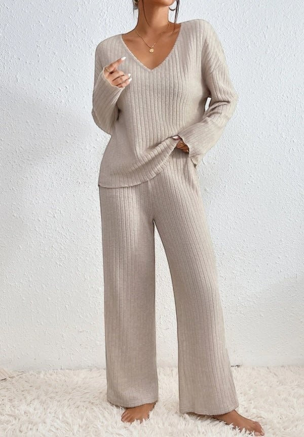 Silvorne beige ribbed knit V-neck loungewear set with wide leg pants.