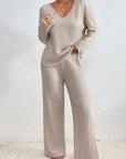 Silvorne beige ribbed knit V-neck loungewear set with wide leg pants.