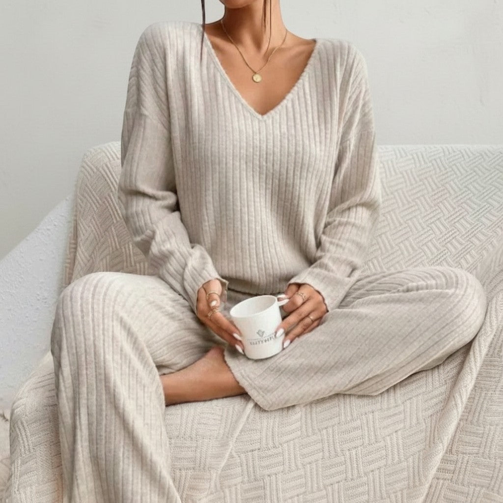 Silvorne women's beige ribbed knit V-neck loungewear set with wide leg pants, relaxed fit.
