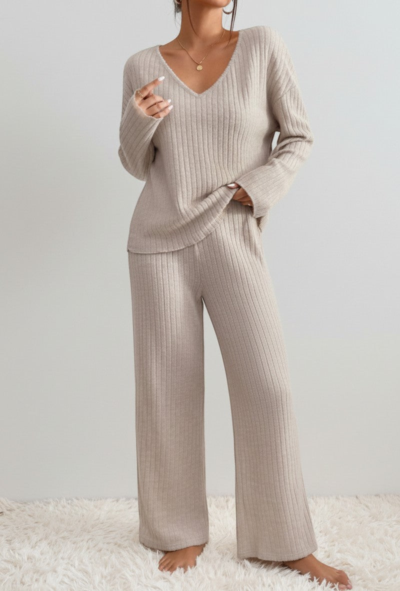 Silvorne beige ribbed knit V-neck loungewear set with wide leg pants.