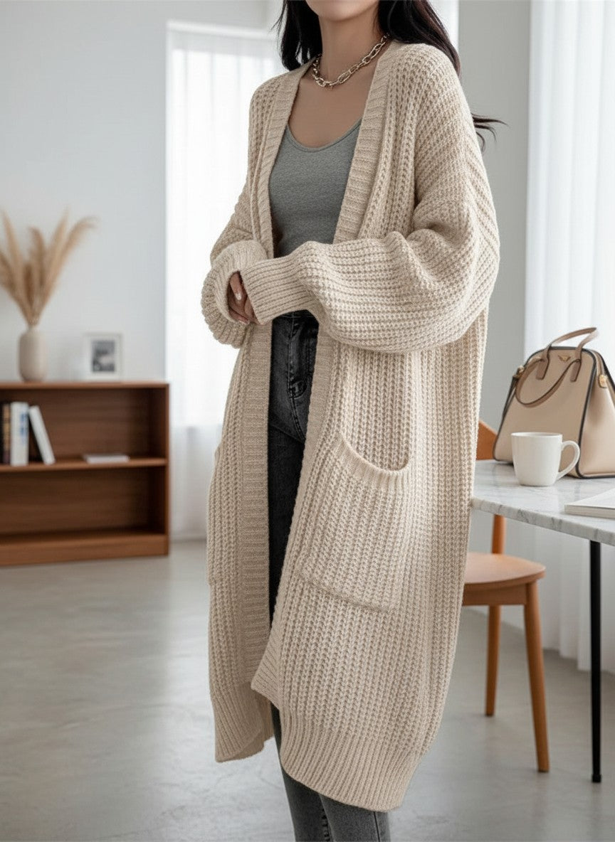 Silvorne beige knitted long sleeve cardigan with pockets, perfect for autumn and winter.