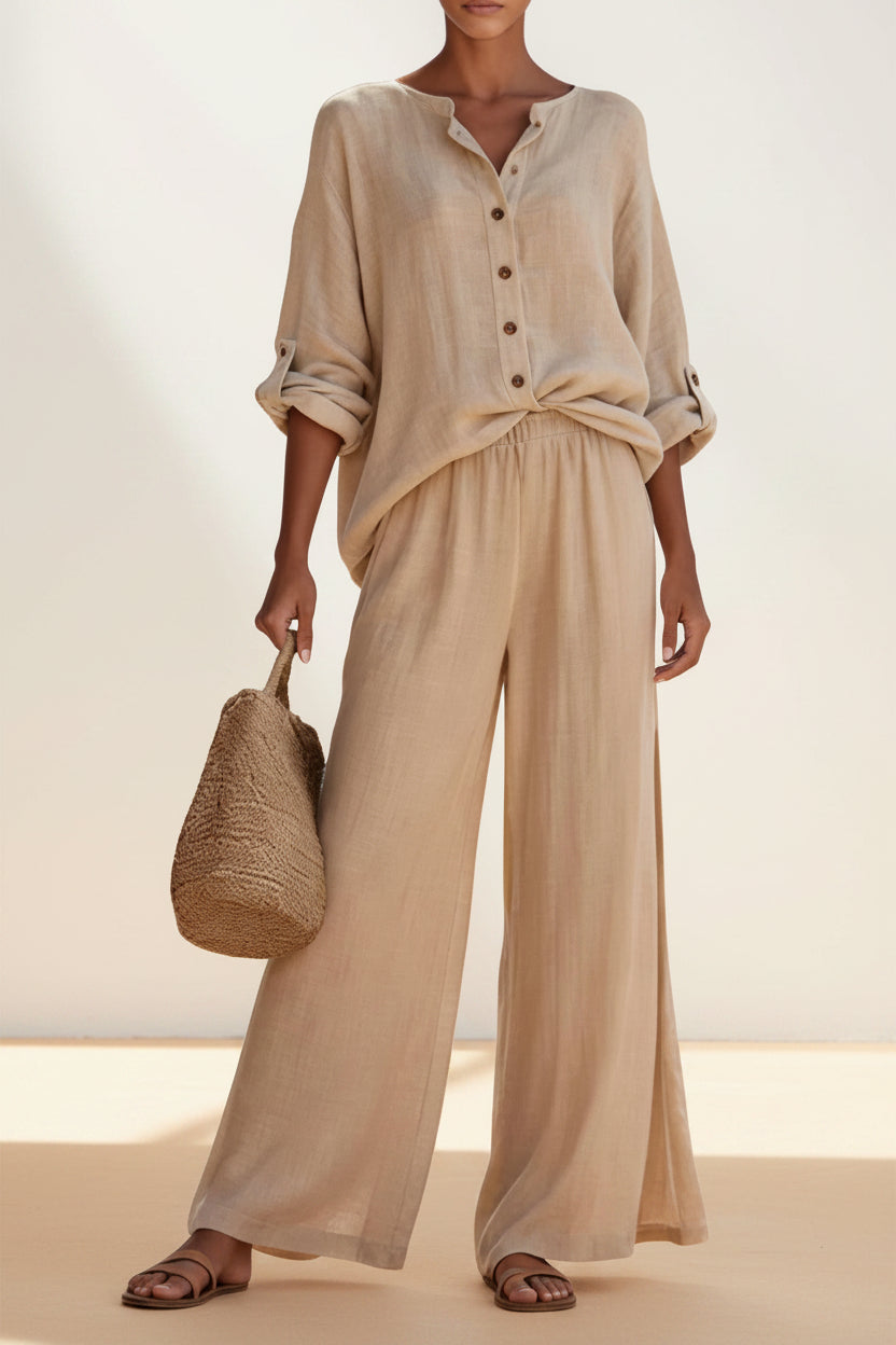 Silvorne women's relaxed beige linen-blend button-front blouse and wide-leg trousers set with rolled sleeves.