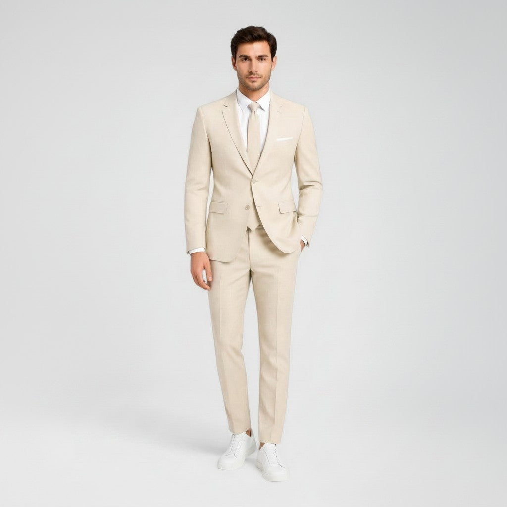Silvorne men's slim fit beige linen suit with a white shirt and tie, ideal for weddings and formal events.