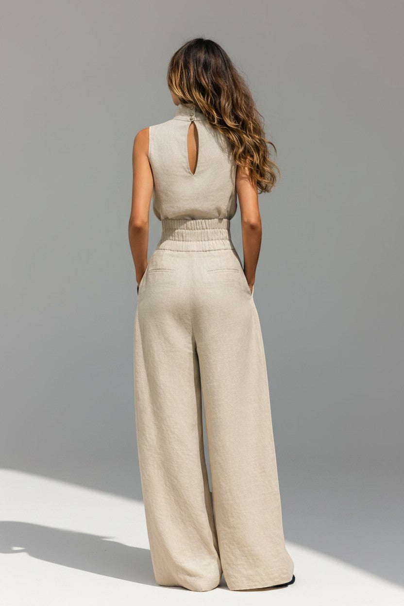 Silvorne women's beige linen blend sleeveless high neck tank top and wide leg pants set