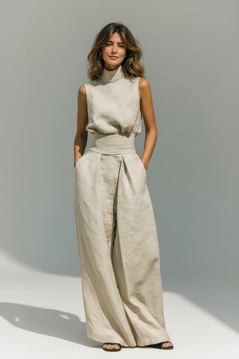 Silvorne beige linen tank top and wide-leg pants set with high neck and cinched waist.