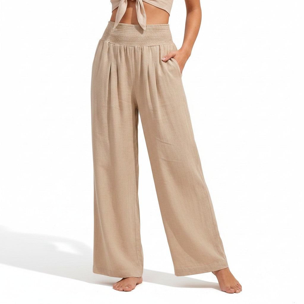 Women's Soft Fabric Wide Leg Pants | Comfortable Smocked High-Waist Casual Trousers 4