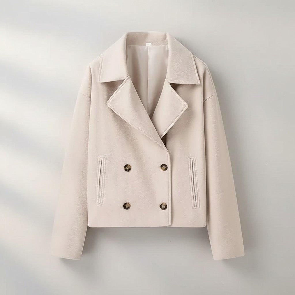 Silvorne beige polyester casual jacket with French collar and double-breasted closure.