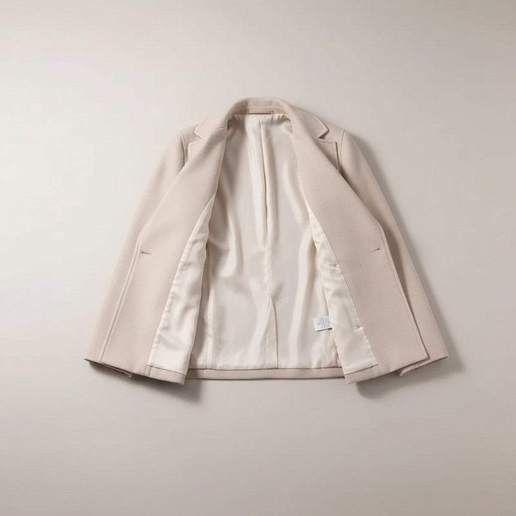 Silvorne beige polyester casual jacket with French collar and double-breasted closure.