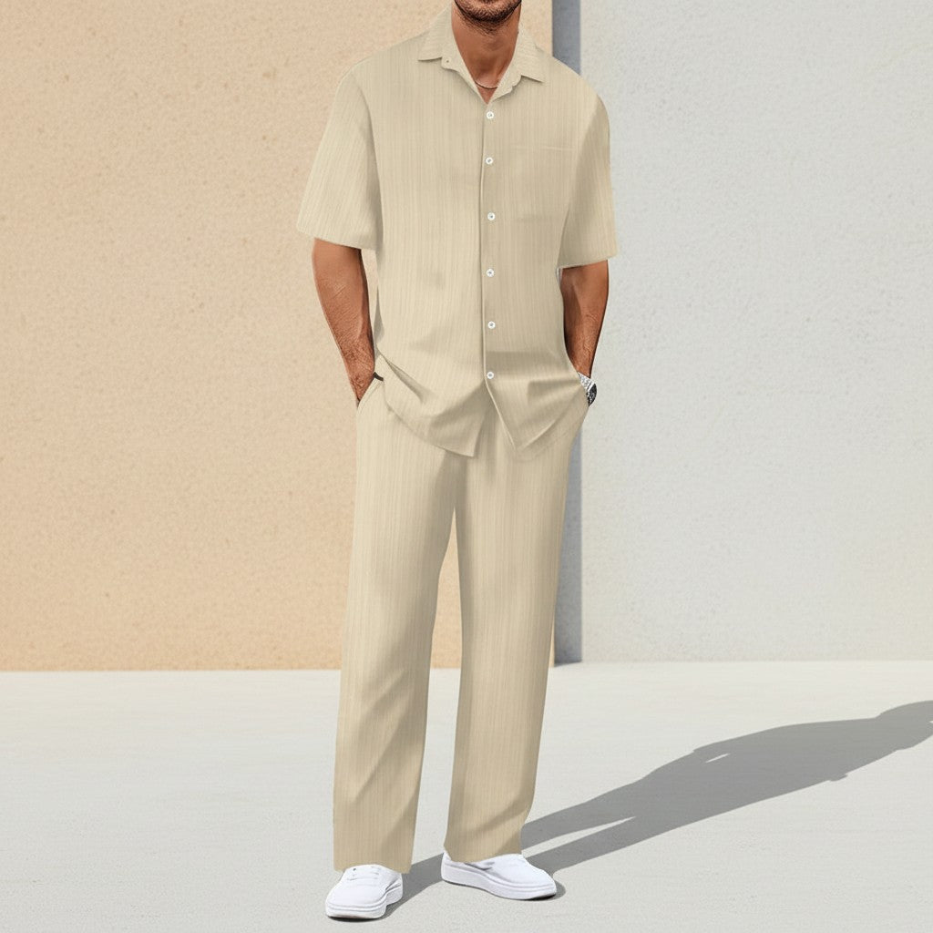 Silvorne beige polyester striped short-sleeve cardigan and trousers set for men.