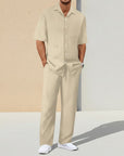 Silvorne beige polyester striped short-sleeve cardigan and trousers set for men.