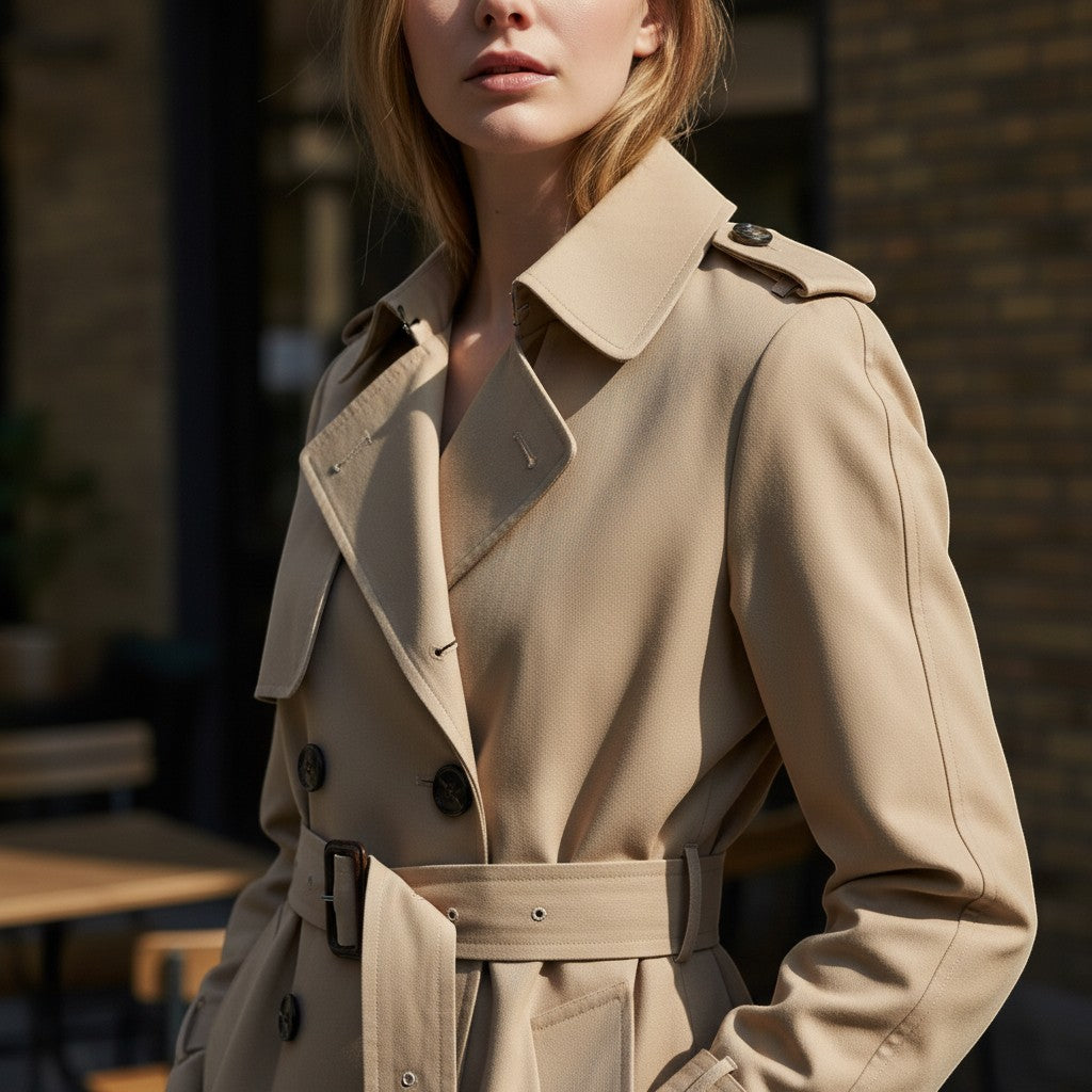 Silvorne beige cotton blend trench coat with double-breasted closure and belted waist.
