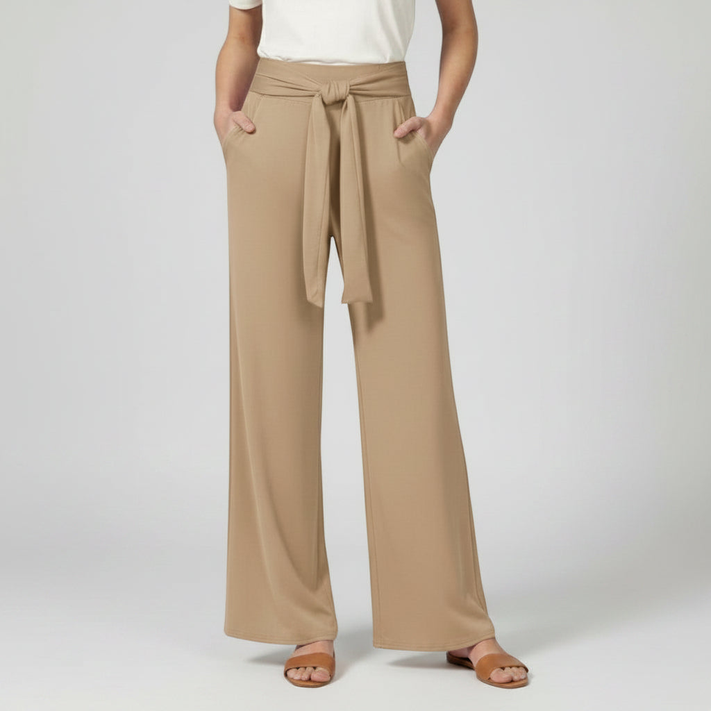 Silvorne women's beige wide-leg trousers with a tied waistband and pockets, casual fit.