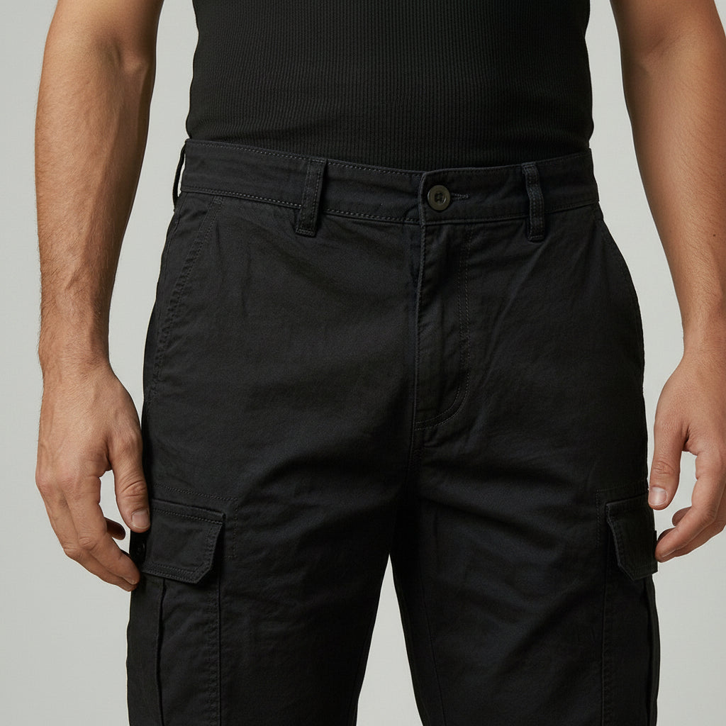 Silvorne black cotton cargo shorts with multiple pockets and adjustable waistband for men.