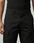 Silvorne black cotton cargo shorts with multiple pockets and adjustable waistband for men.