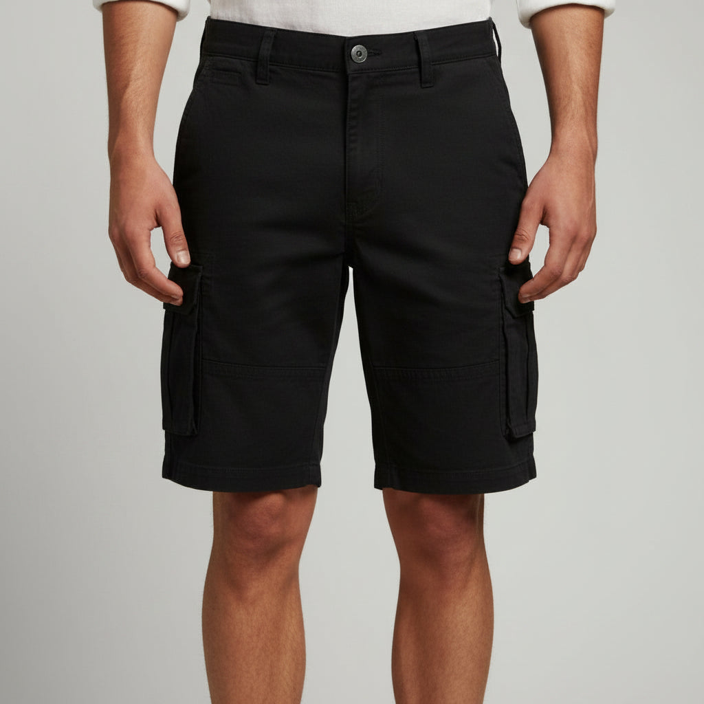 Silvorne black cotton cargo shorts with flap pockets, belt loops, and knee-length fit.