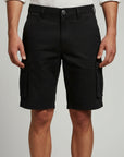 Silvorne black cotton cargo shorts with flap pockets, belt loops, and knee-length fit.