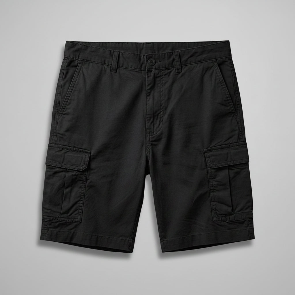 Silvorne black cotton cargo shorts with multiple pockets and adjustable waistband, ideal for outdoor activities.