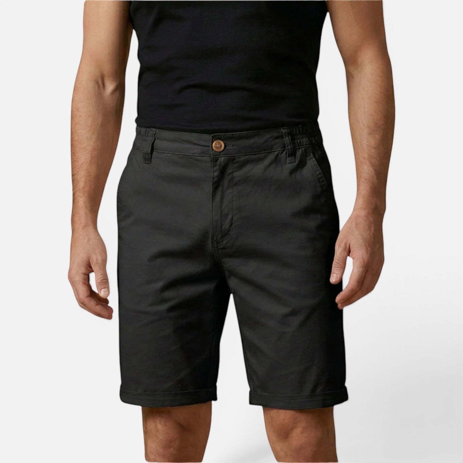 Silvorne men's black cotton chino shorts with a relaxed fit and elastic waist detail for summer comfort.