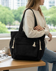 Women's Soft Corduroy Tote Bag | Chic Tassel Accents Stylish Handbag 1