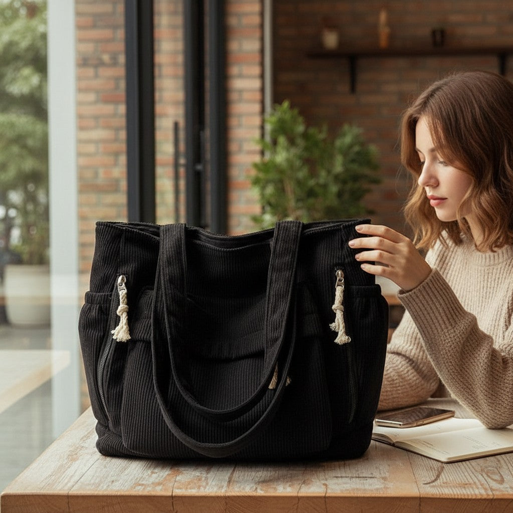Women's Soft Corduroy Tote Bag | Chic Tassel Accents Stylish Handbag 3