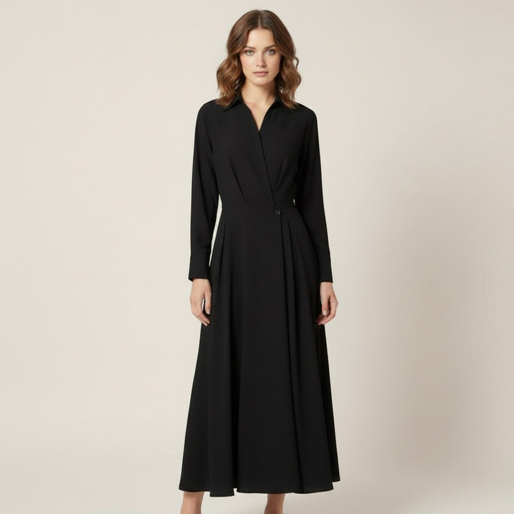 Elegant | Women's Black Dress with Collared Neckline | A-Line Midi Dress for Effortless Style 5