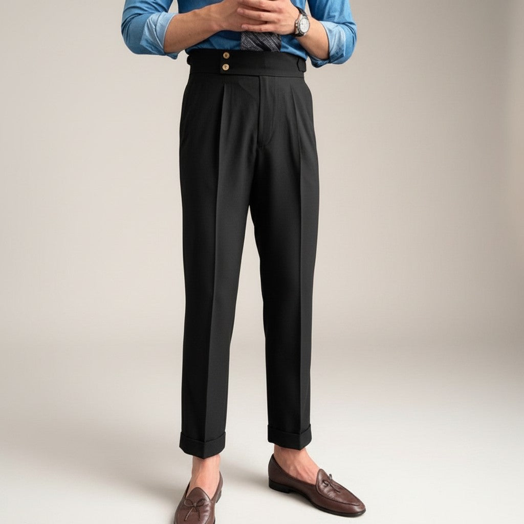 Silvorne Men's black high-waist straight-leg draped trousers with double button detail and cuffed hem.