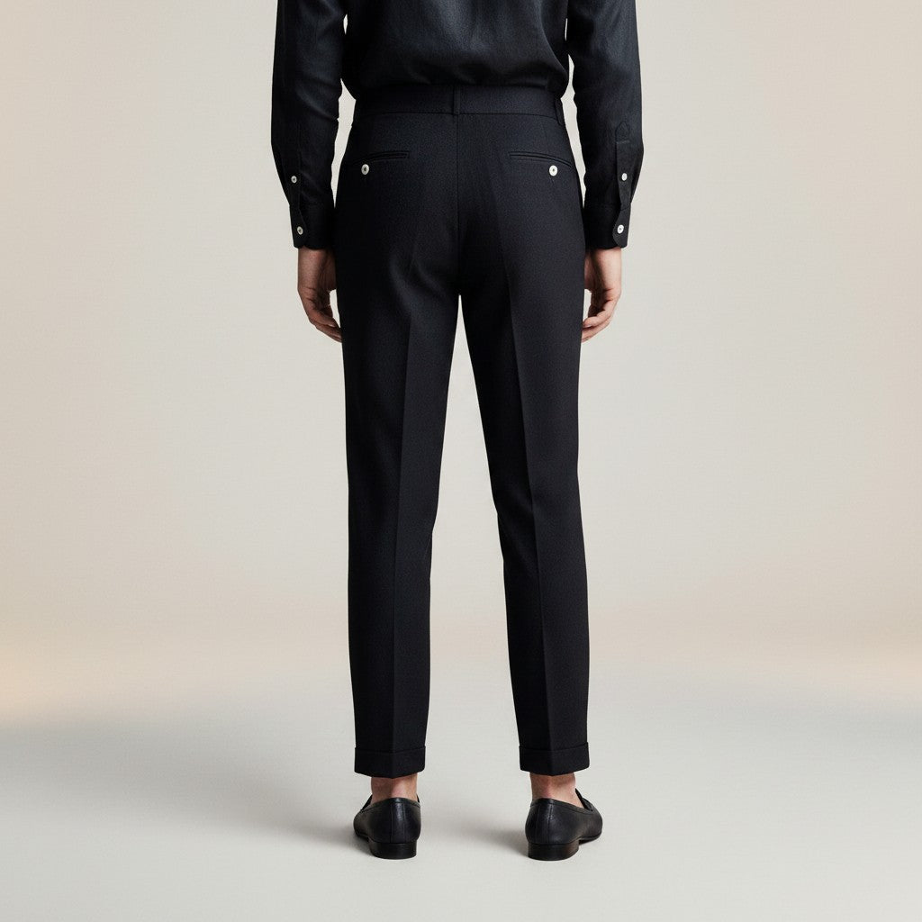 Silvorne Men's black woven high-waist tailored trousers with a classic waistband and clean lines.