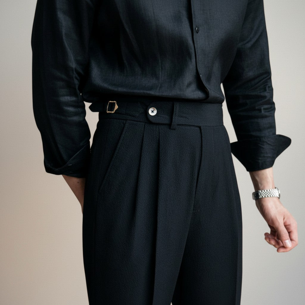 Silvorne Men's black high-waist tailored trousers with pleats and a button-zip closure.