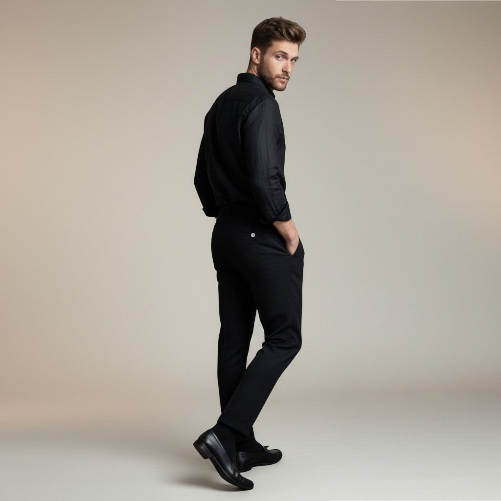 Silvorne men's black high-waist tailored trousers made from premium woven fabric. Model wears trousers with a black shirt and loafers.