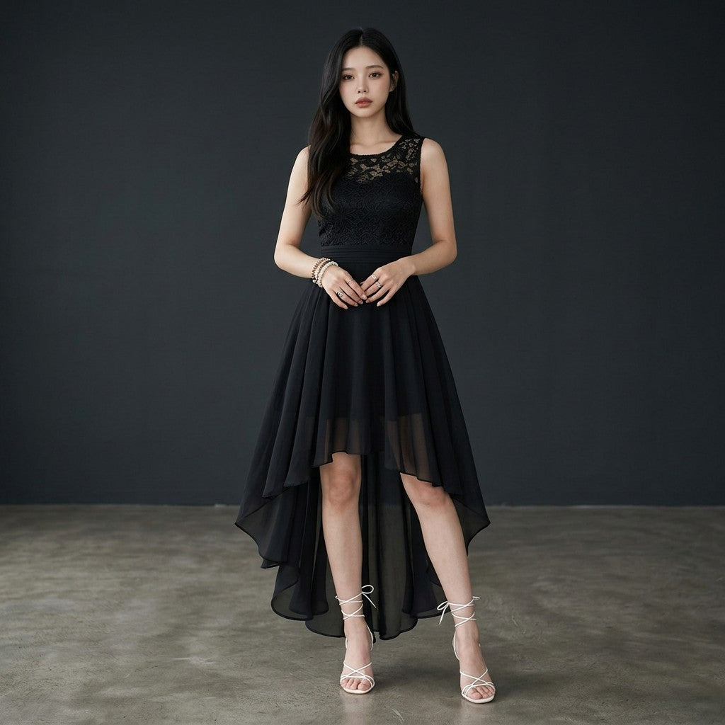 Women's Chiffon Lace High Low Cocktail Dress | Elegant Sleeveless Evening Gown 6