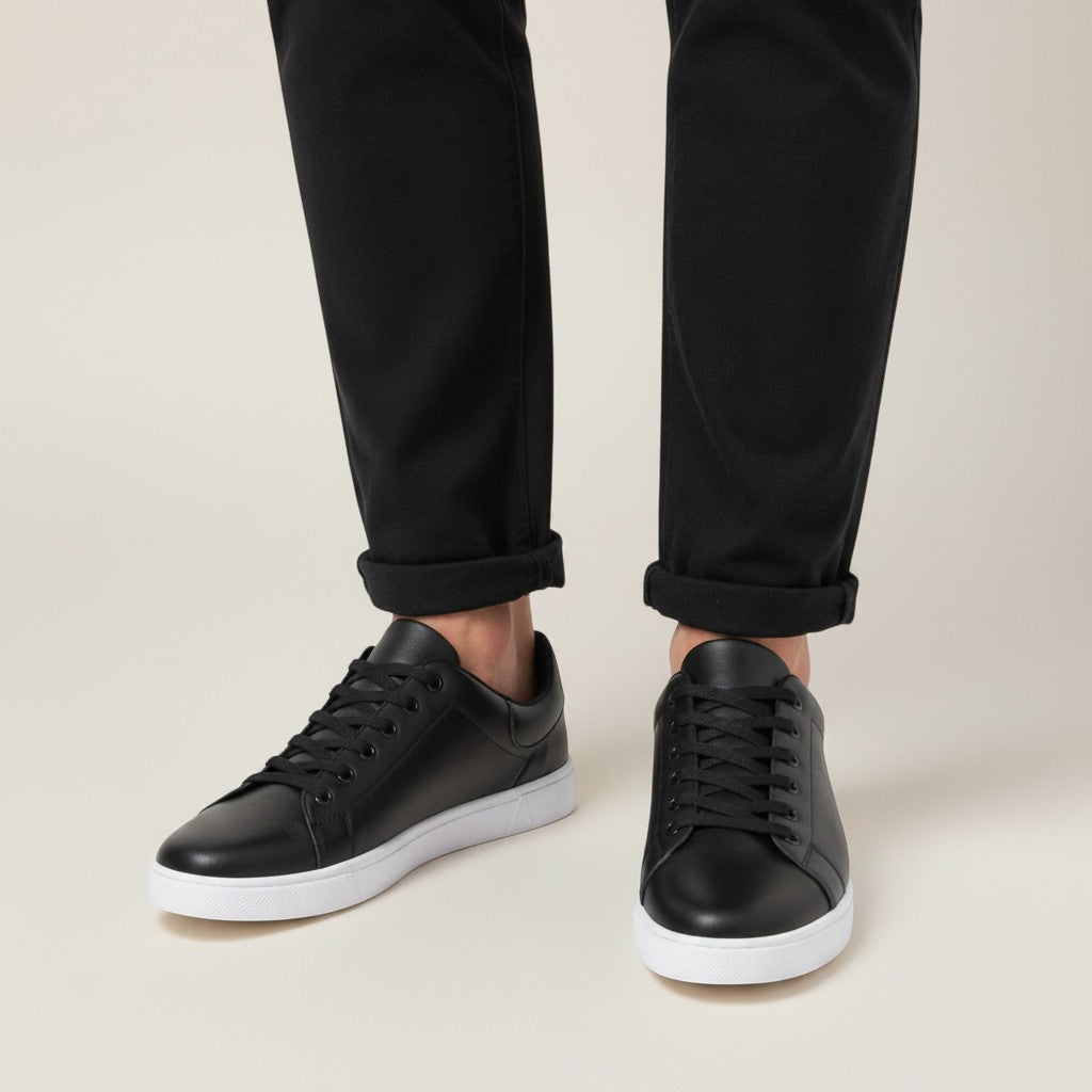 Silvorne black leather-look low top sneakers with white soles, laced front, and a minimalist design.
