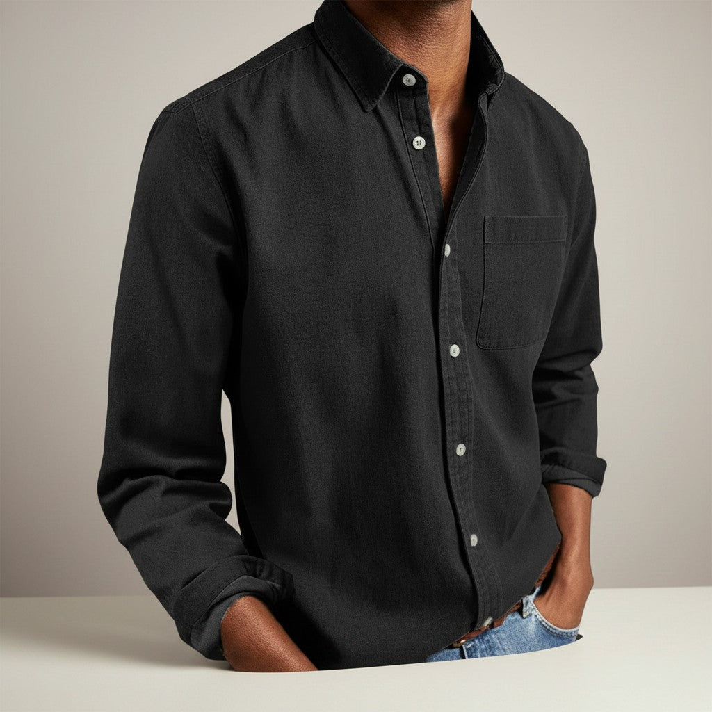 Silvorne men's black long-sleeve slim-fit button-up shirt with turn-down collar and chest pocket.