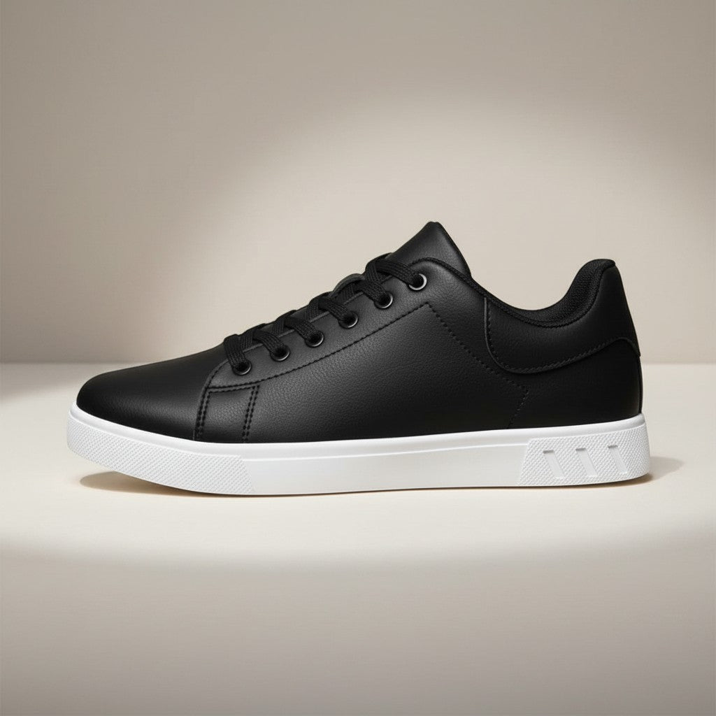 Silvorne black leather-look low top trainers for men with white soles and laces.