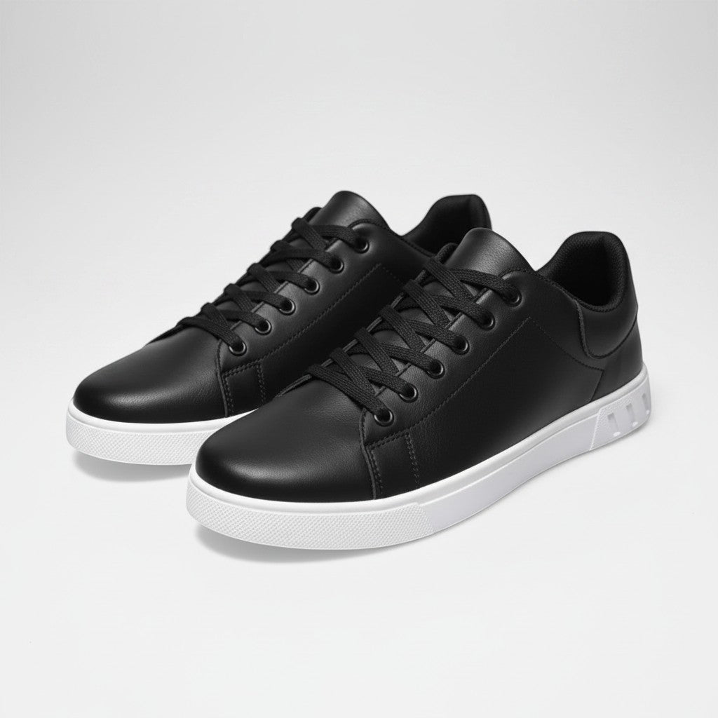Silvorne men's black low-top sneakers with white soles. Smooth leather-look exterior, lace-up closure, and minimalist design.