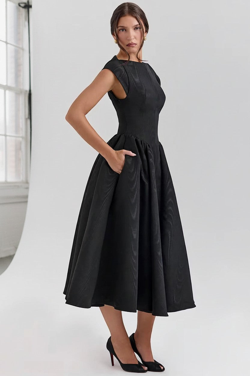 Elegant Midi Dress with Cap Sleeves & Open Back Design for Timeless Style 1
